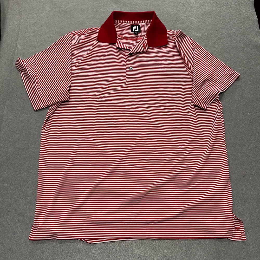 Red striped foot joy dry fit golf shirt.